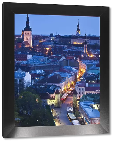 Estonia, Tallinn, Old Town, elevated view over Viru Street, dusk