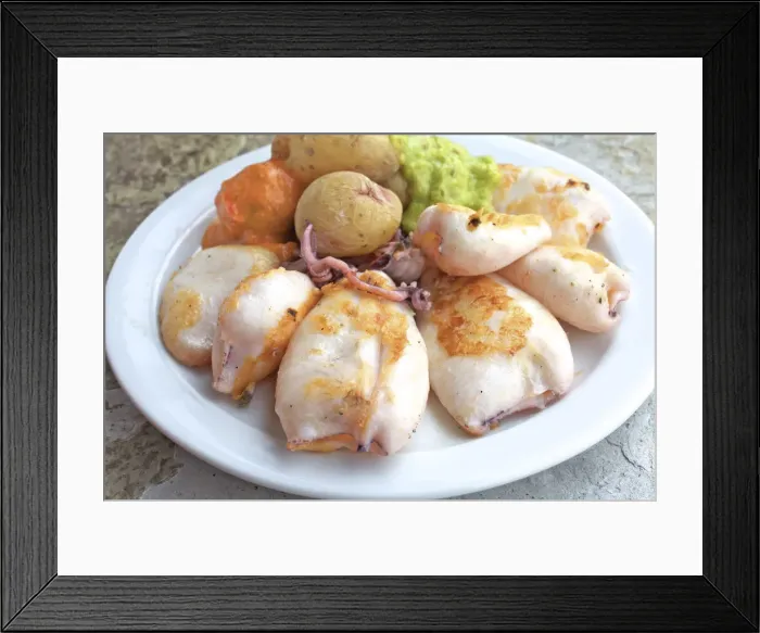 Framed Print : Baby Squid and Boiled Salted Potatoes Tapas with Mojo Sauce, Las Palmas de Gran Canaria Framed Print : Baby Squid and Boiled Salted Potatoes Tapas with Mojo Sauce, Las Palmas de Gran Canaria