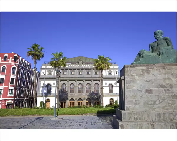 Statue of Canarian Novelist Benito Perez Galdos with Perez Galdos Theatre in the