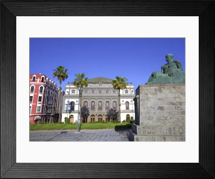 Framed Print : Statue of Canarian Novelist Benito Perez Galdos with Perez Galdos Theatre in Framed Print : Statue of Canarian Novelist Benito Perez Galdos with Perez Galdos Theatre in