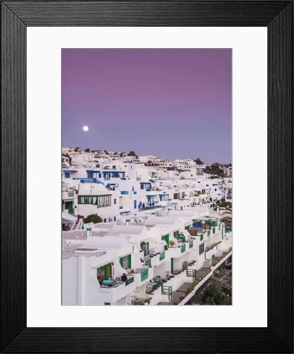 Framed Print : Spain, Canary Islands, Lanzarote, Puerto del Carmen, seaside houses and moonrise, dusk Framed Print : Spain, Canary Islands, Lanzarote, Puerto del Carmen, seaside houses and moonrise, dusk