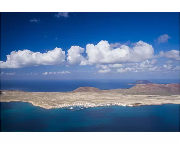 Spain, Canary Islands, Lanzarote, Ye, elevated view over Isla Graciosa island