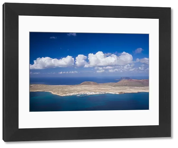 Spain, Canary Islands, Lanzarote, Ye, elevated view over Isla Graciosa island