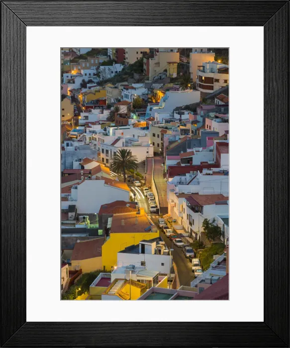 Framed Print : Spain, Canary Islands, La Gomera, San Sebastian de la Gomera, elevated town view, dusk Framed Print : Spain, Canary Islands, La Gomera, San Sebastian de la Gomera, elevated town view, dusk