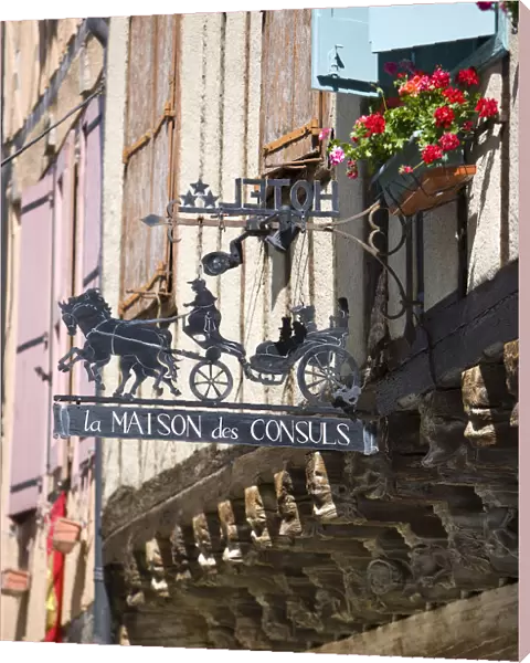 Hotel Sign & Half Timbered Houses, Mirepoix, Ariege, Midi-Pyrenees, France