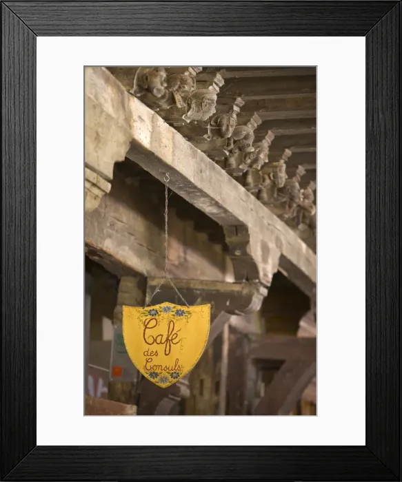 Framed Print : Cafe Sign & Carved Arcade Rafters, Maison des Consuls, Mirepoix, Ariege, Midi-Pyrenees Framed Print : Cafe Sign & Carved Arcade Rafters, Maison des Consuls, Mirepoix, Ariege, Midi-Pyrenees