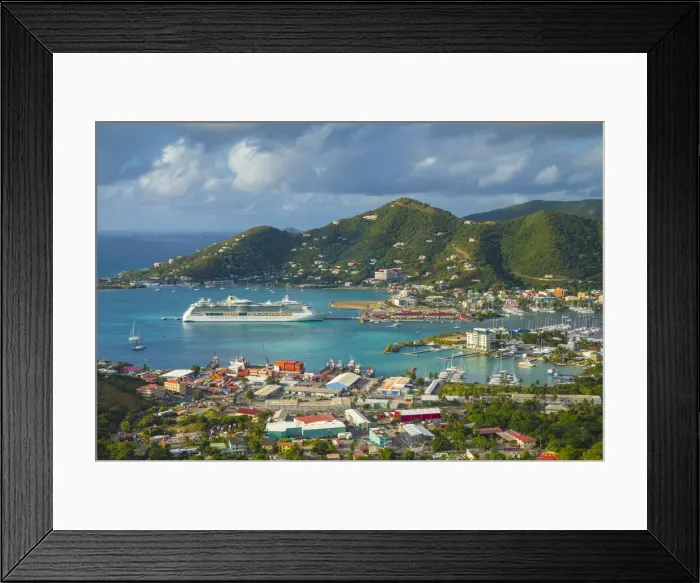 Framed Print : British Virgin Islands, Tortola, Road Town, elevated town view with cruiseship Framed Print : British Virgin Islands, Tortola, Road Town, elevated town view with cruiseship