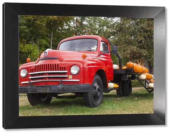 USA, New York, Adirondack Mountains, Crown Point, truck with autumn pumpkins