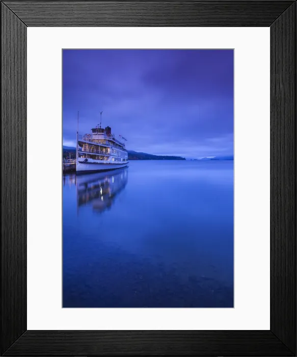 Framed Print : USA, New York, Adirondack Mountains, Lake George, lake steamer, dawn