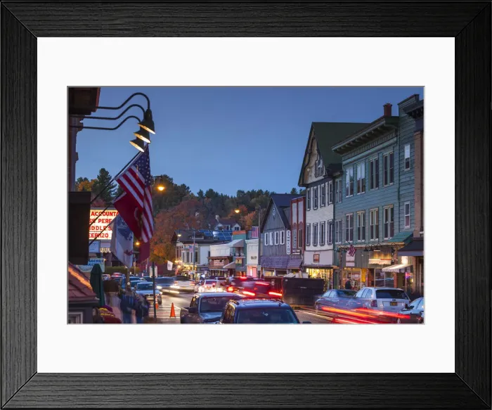 Framed Print : USA, New York, Adirondack Mountains, Lake Placid, Main Street, dusk Framed Print : USA, New York, Adirondack Mountains, Lake Placid, Main Street, dusk