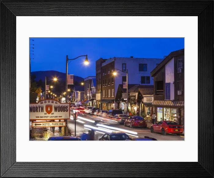 Framed Print : USA, New York, Adirondack Mountains, Lake Placid, Main Street, dusk Framed Print : USA, New York, Adirondack Mountains, Lake Placid, Main Street, dusk