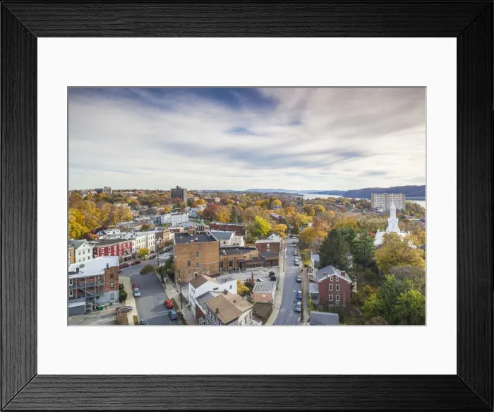 Framed Print : USA, New York, Hudson Valley, Poughkeepsee, elevated town view, autumn Framed Print : USA, New York, Hudson Valley, Poughkeepsee, elevated town view, autumn