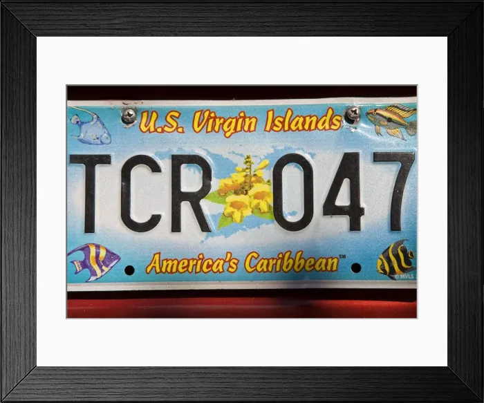 Framed Print : Caribbean, US Virgin Islands, St. Thomas, car license plate
