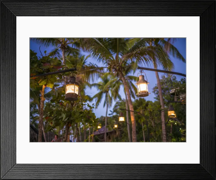 Framed Print : British Virgin Islands, Virgin Gorda, The Bitter End, palm trees and lanterns, dusk Framed Print : British Virgin Islands, Virgin Gorda, The Bitter End, palm trees and lanterns, dusk