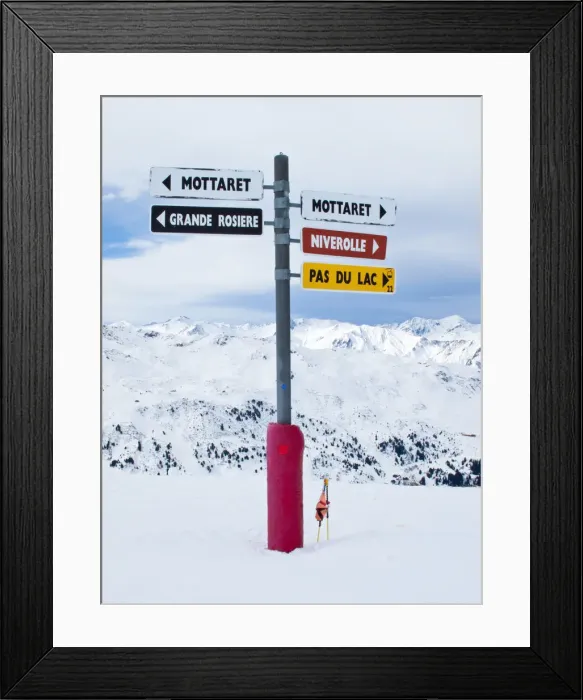 Framed Print : Signpost for skiers on the pistes above Meribel-Mottaret, Meribel, Three Valleys Framed Print : Signpost for skiers on the pistes above Meribel-Mottaret, Meribel, Three Valleys