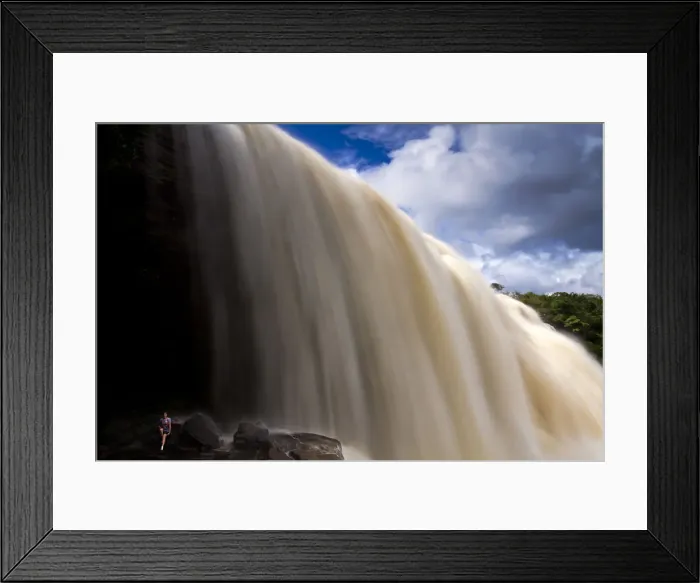 Framed Print : Venezuela, Guayana, Canaima National Park, Canaima, Tourist on rock looking at Sapo Framed Print : Venezuela, Guayana, Canaima National Park, Canaima, Tourist on rock looking at Sapo