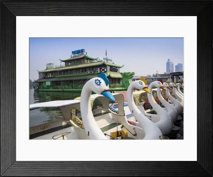 Framed Print : Vietnam, Hanoi, Tay Ho, West Lake, floating restaurant and swan boats Framed Print : Vietnam, Hanoi, Tay Ho, West Lake, floating restaurant and swan boats