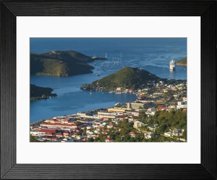 Framed Print : U. S. Virgin Islands, St. Thomas, Charlotte Amalie, elevated town view with cruiseship Framed Print : U. S. Virgin Islands, St. Thomas, Charlotte Amalie, elevated town view with cruiseship