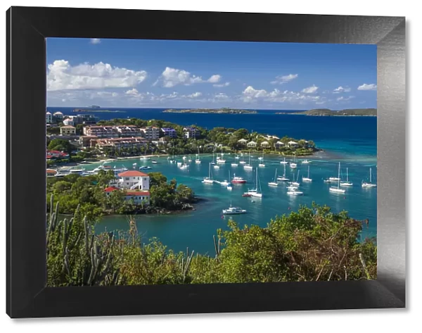U. S. Virgin Islands, St. John, Cruz Bay, elevated town view with The Battery