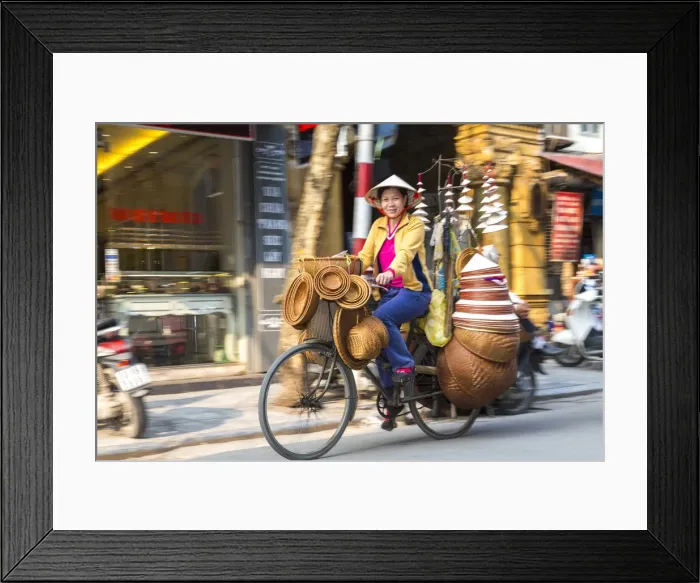Framed Print : Basket & hat seller on bicycle, Hanoi, Vietnam Framed Print : Basket & hat seller on bicycle, Hanoi, Vietnam