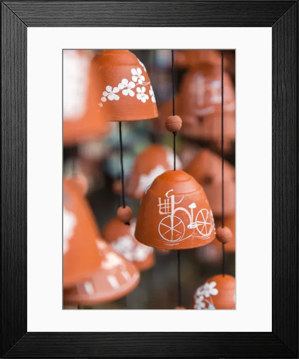 Framed Print : Pottery wind chimes with Viatnemese motifs, Vietnam Framed Print : Pottery wind chimes with Viatnemese motifs, Vietnam