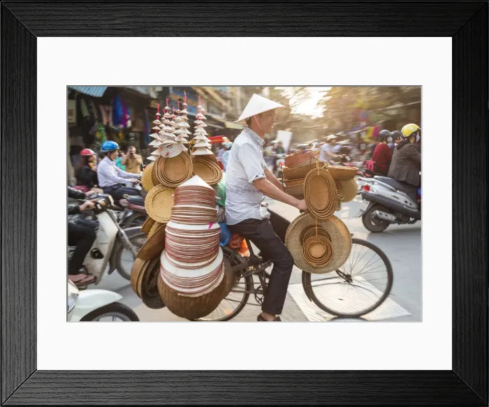 Framed Print : Basket & hat seller on bicycle, Hanoi, Vietnam Framed Print : Basket & hat seller on bicycle, Hanoi, Vietnam