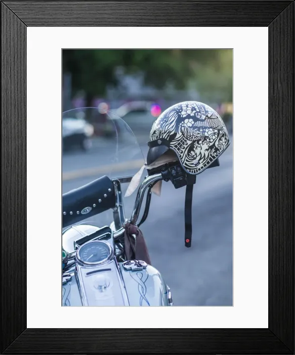 Framed Print : USA, New York, Finger Lakes Region, Watkins Glen, motorcycle and helment Framed Print : USA, New York, Finger Lakes Region, Watkins Glen, motorcycle and helment