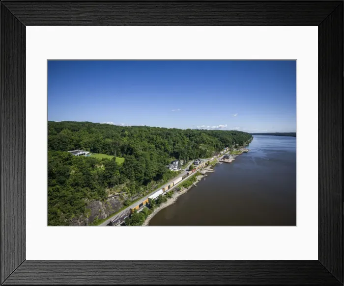 Framed Print : USA, New York, Hudson River Valley Region, Poughkeepsee of Hudson River and train Framed Print : USA, New York, Hudson River Valley Region, Poughkeepsee of Hudson River and train