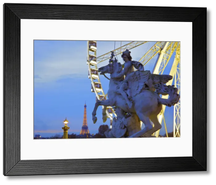 Framed Print : Eiffel Tower From Place De La Concorde With Big Wheel And Statue In Foreground, Paris Framed Print : Eiffel Tower From Place De La Concorde With Big Wheel And Statue In Foreground, Paris