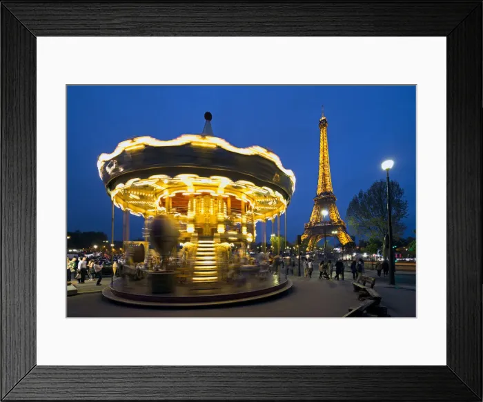 Framed Print : Carousel below the Eiffel Tower at twilight, Paris France Framed Print : Carousel below the Eiffel Tower at twilight, Paris France