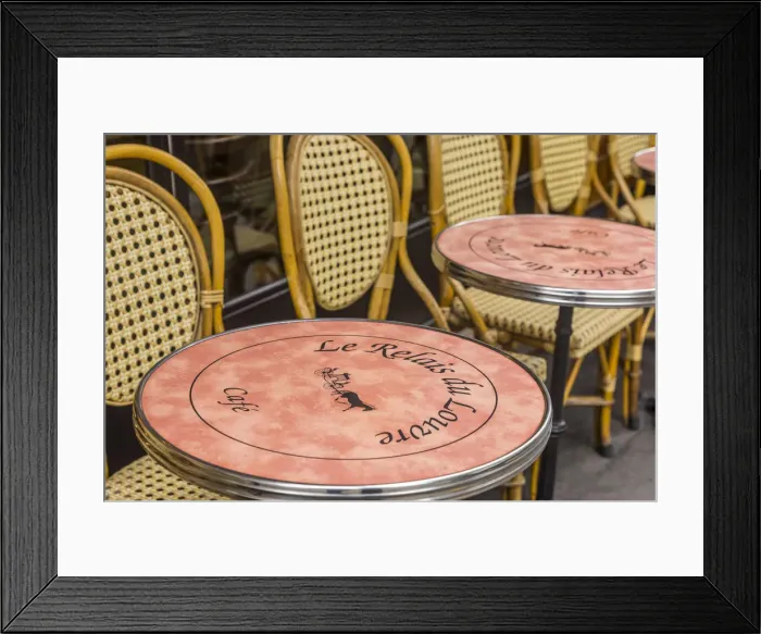 Framed Print : Tables and chairs outside a cafe, Paris, France