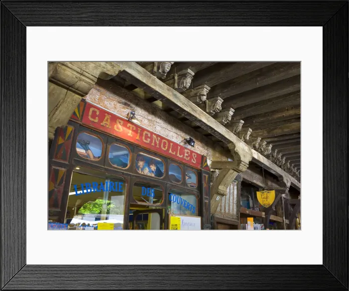 Framed Print : Book Shop & Carved Arcade Rafters, Maison des Consuls, Mirepoix, Ariege, Pyrenees, France Framed Print : Book Shop & Carved Arcade Rafters, Maison des Consuls, Mirepoix, Ariege, Pyrenees, France