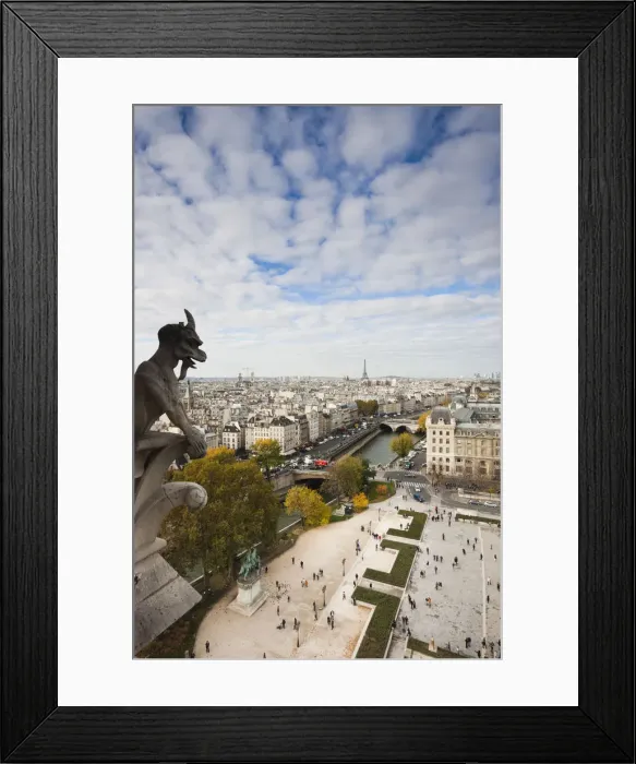 Framed Print : France, Paris, elevated city view from the Cathedrale Notre Dame cathedral with gargoyles Framed Print : France, Paris, elevated city view from the Cathedrale Notre Dame cathedral with gargoyles