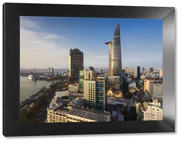 Vietnam, Ho Chi Minh City, elevated city view with Bitexco Tower, dawn
