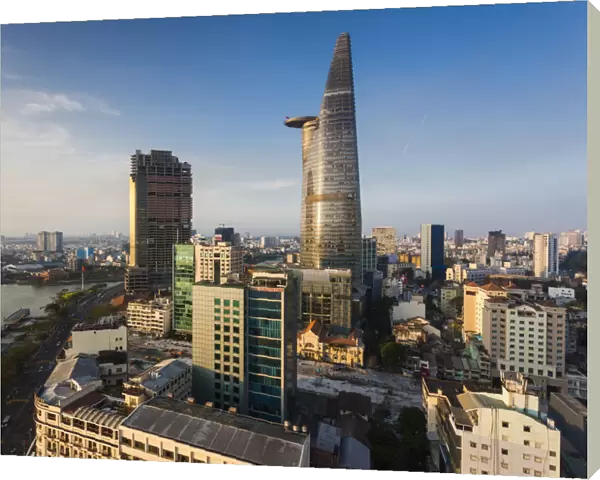 Vietnam, Ho Chi Minh City, elevated city view with Bitexco Tower, dawn