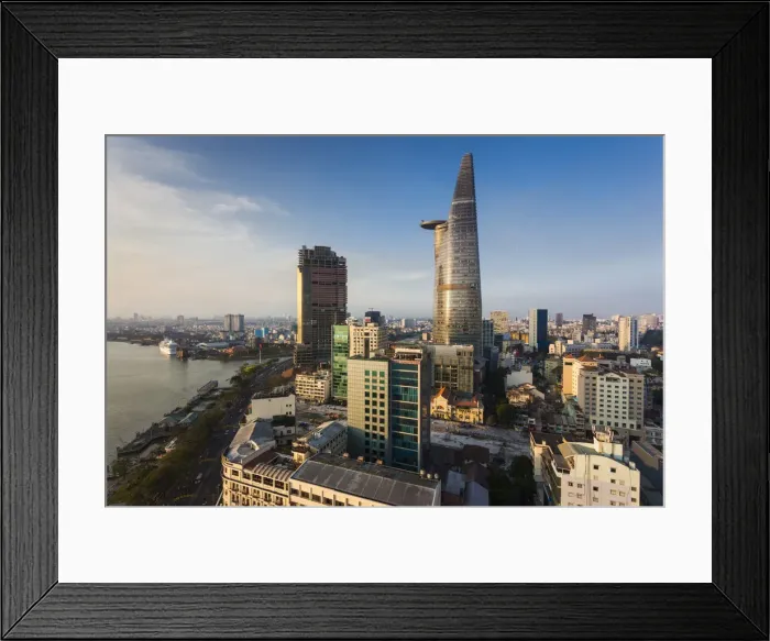 Framed Print : Vietnam, Ho Chi Minh City, elevated city view with Bitexco Tower, dawn Framed Print : Vietnam, Ho Chi Minh City, elevated city view with Bitexco Tower, dawn