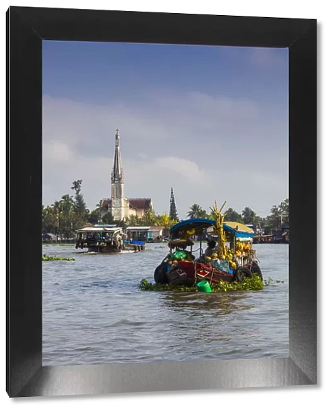 Vietnam, Mekong Delta, Cai Be, Cai Be Floating Market, with view of the Catholic Cathedral