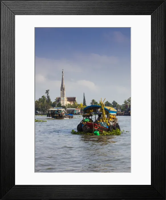 Framed Print : Vietnam, Mekong Delta, Cai Be, Cai Be Floating Market, with view of the Catholic Cathedral