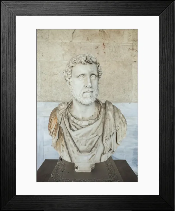 Framed Print : Greece, Athens, Ancient Agora, Stoa of Attalos and Agora Museum bust of Emperor Antoninus Framed Print : Greece, Athens, Ancient Agora, Stoa of Attalos and Agora Museum bust of Emperor Antoninus