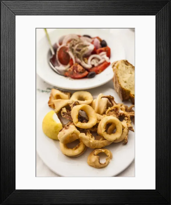 Framed Print : Greece, Athens, tomato and onion salad with fired calamari Framed Print : Greece, Athens, tomato and onion salad with fired calamari