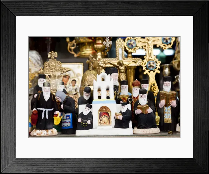 Framed Print : Greek Orthodox priest models & other orthodox icons in shop front, Athens, Greece