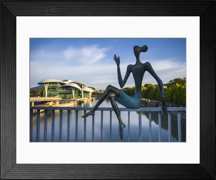 Framed Print : Georgia, Tbilisi, Statue on bridge and Public Service Hall, housing an assortment Framed Print : Georgia, Tbilisi, Statue on bridge and Public Service Hall, housing an assortment