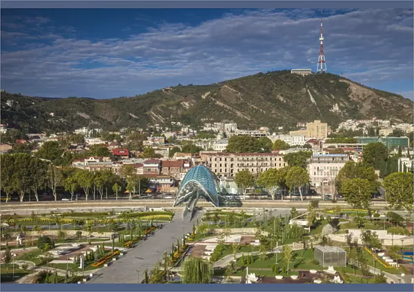 Georgia, Tbilisi, View of Peace bridge and Rike Park