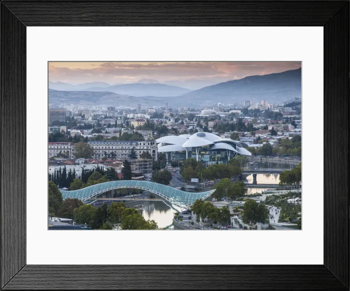 Framed Print : Georgia, Tbilisi, View of city looking towards Peace bridge, Rike Park, and The Public