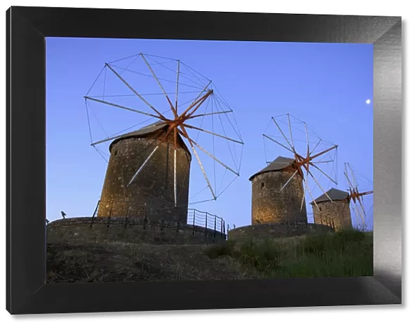 Illuminated Windmills Of Chora, Patmos, Dodecanese, Greek Islands, Greece, Europe
