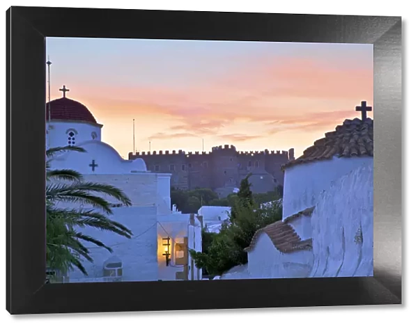 Churches At Sunset With The Monastery Of St. John In The Background, Patmos, Dodecanese