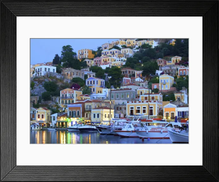 Framed Print : Boats In Symi Harbour At Dusk, Symi, Dodecanese, Greek Islands, Greece, Europe Framed Print : Boats In Symi Harbour At Dusk, Symi, Dodecanese, Greek Islands, Greece, Europe