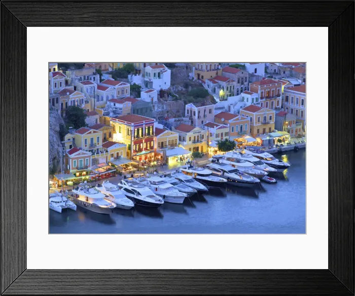 Framed Print : Boats In Symi Harbour From Elevated Angle At Dusk, Symi, Dodecanese, Greek Islands Framed Print : Boats In Symi Harbour From Elevated Angle At Dusk, Symi, Dodecanese, Greek Islands