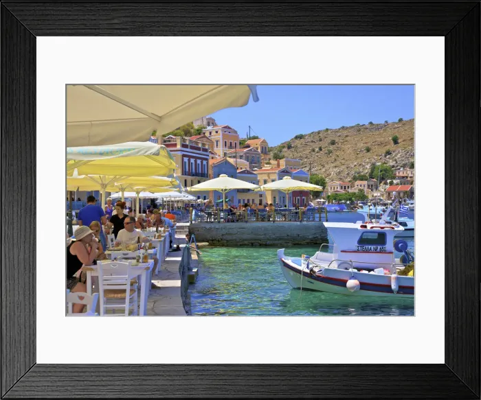 Framed Print : Restaurant In Symi Harbour, Symi, Dodecanese, Greek Islands, Greece, Europe Framed Print : Restaurant In Symi Harbour, Symi, Dodecanese, Greek Islands, Greece, Europe