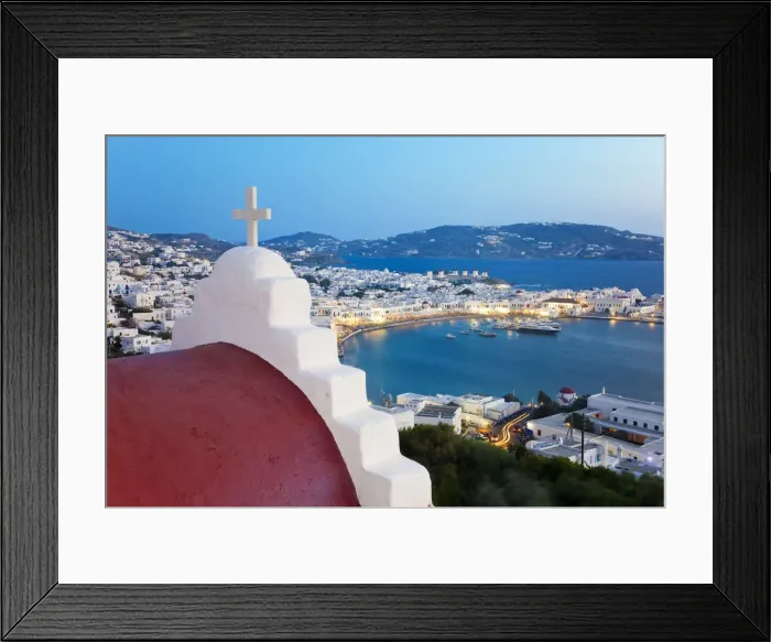 Framed Print : Elevated view over the harbour and old town, Mykonos (Hora), Cyclades Islands, Greece